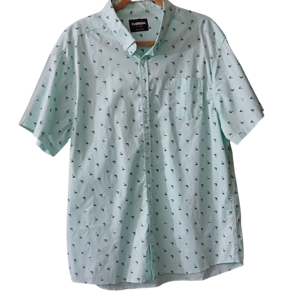 Carbon Mint Green Sailboat Mens Short Sleeve Button Down Shirt Beach Nautical 2X